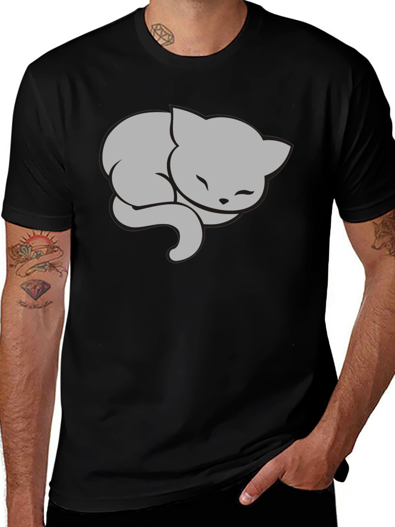 Sleeping Cat Graphic Tee - Stylish Black T-Shirt