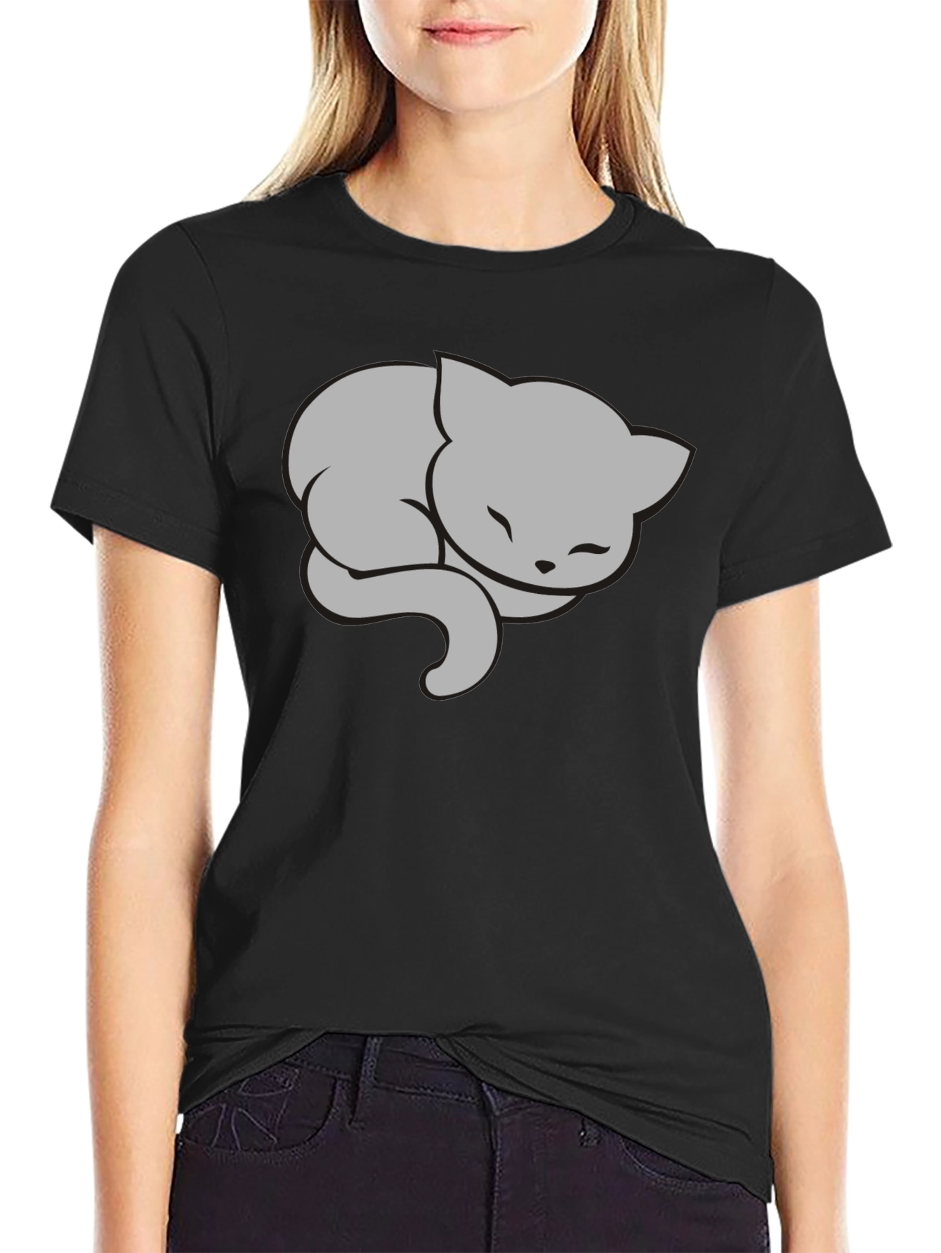 Sleeping Cat Graphic Tee - Stylish Black T-Shirt