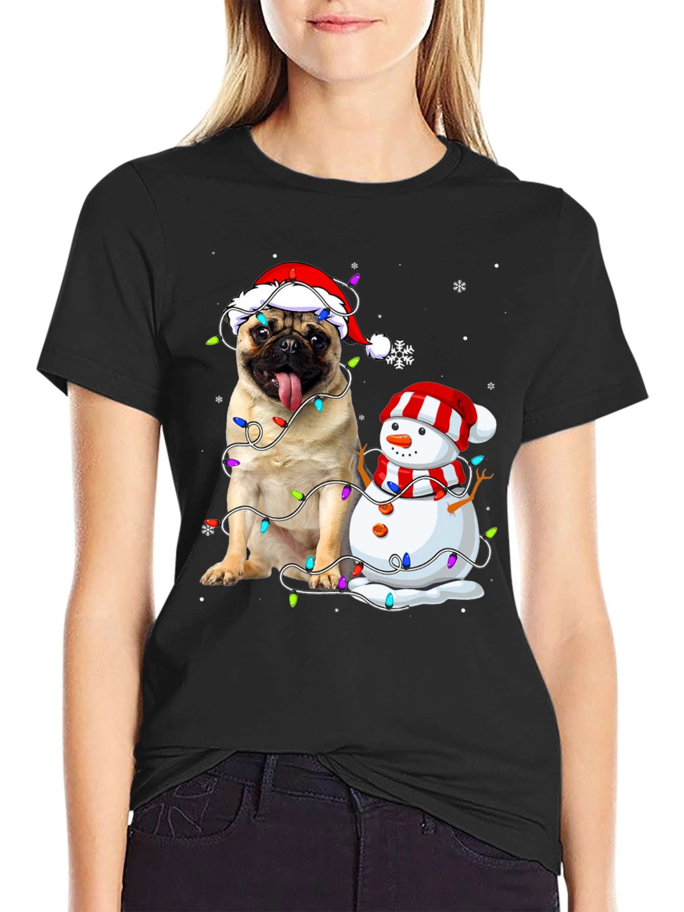 Festive Pug & Snowman Christmas T-Shirt