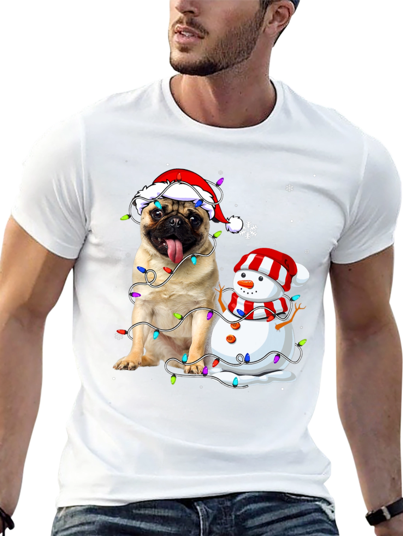 Festive Pug & Snowman Christmas T-Shirt