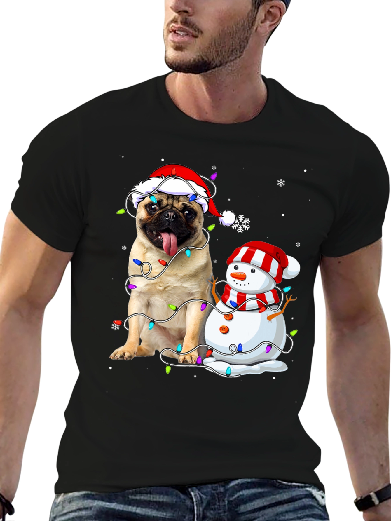 Festive Pug & Snowman Christmas T-Shirt