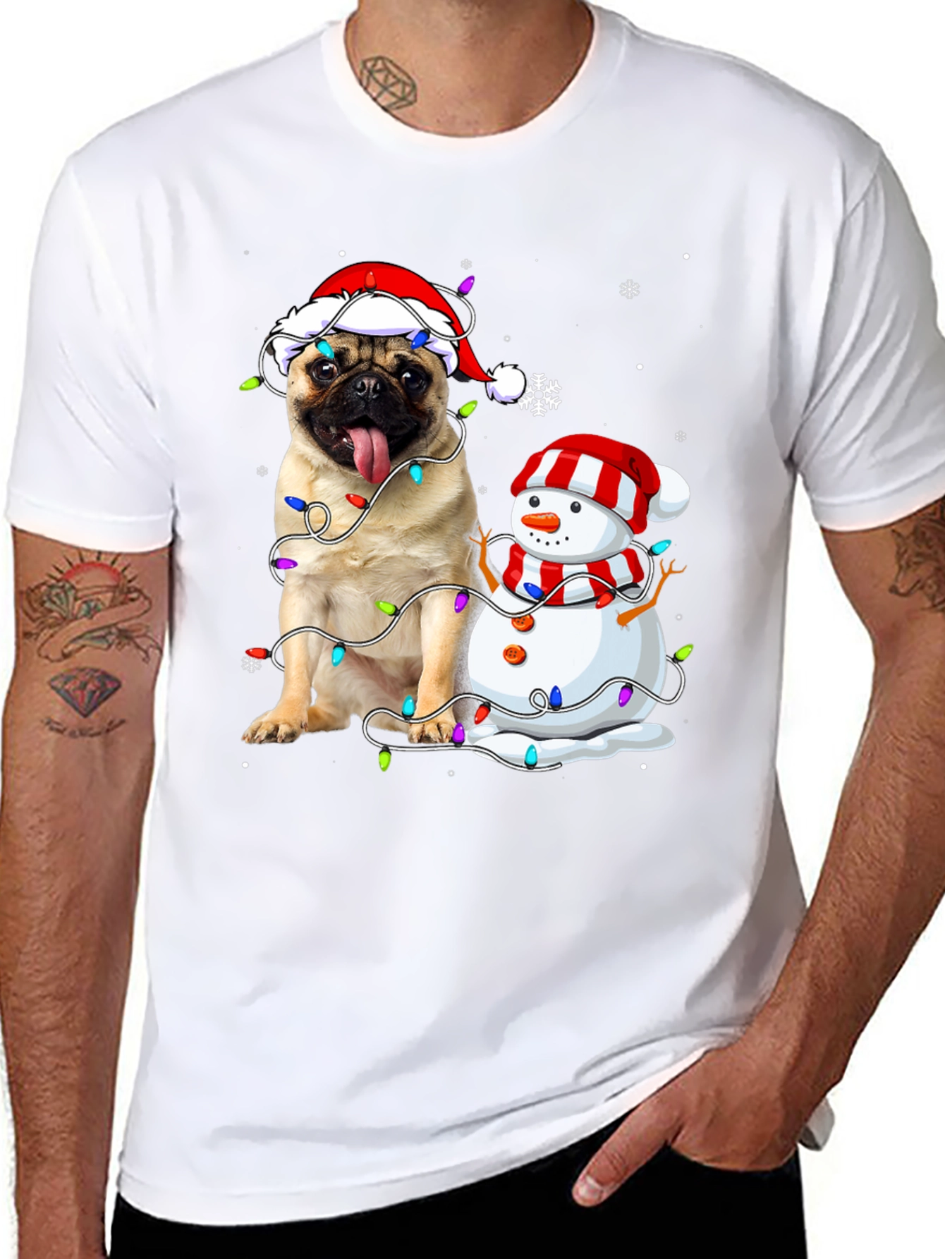 Festive Pug & Snowman Christmas T-Shirt