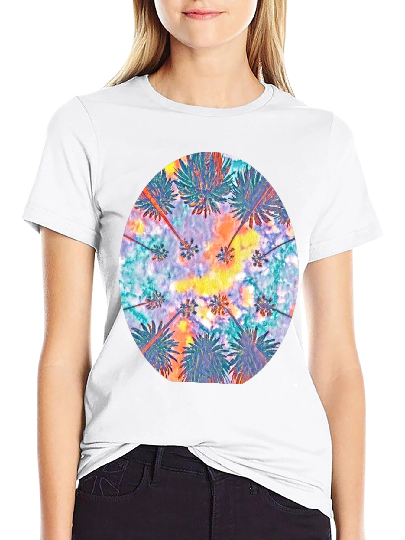 Tropical Palm Tee - Black Cotton Comfort