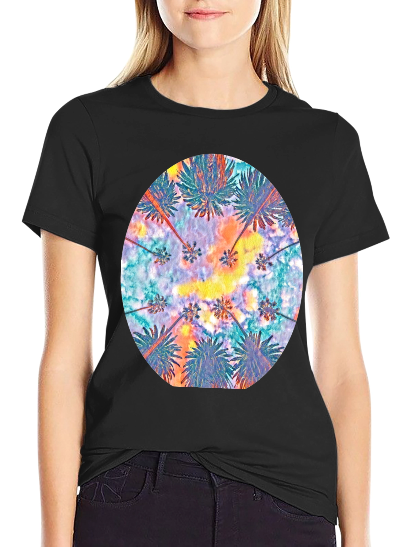 Tropical Palm Tee - Black Cotton Comfort