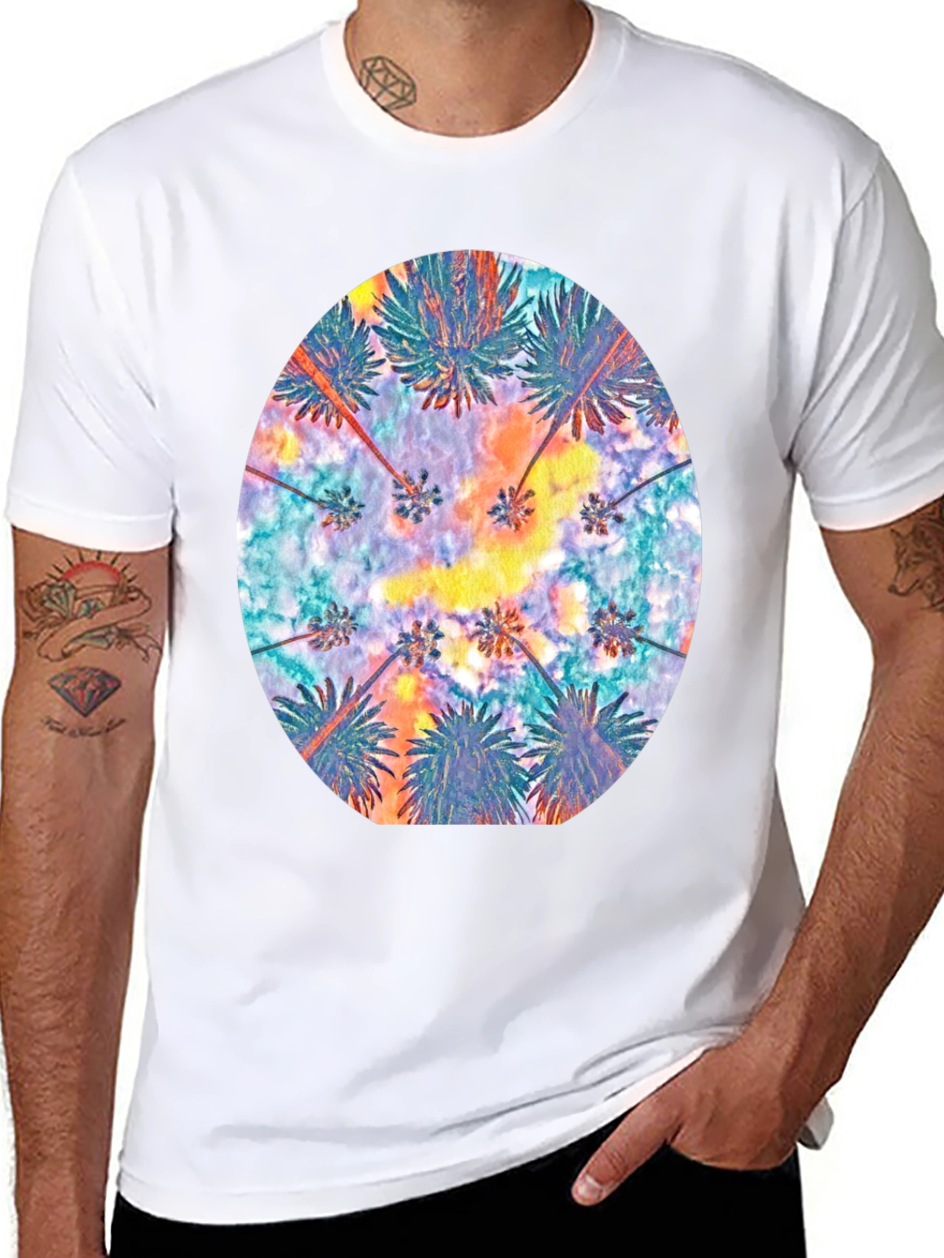 Tropical Palm Tee - Black Cotton Comfort