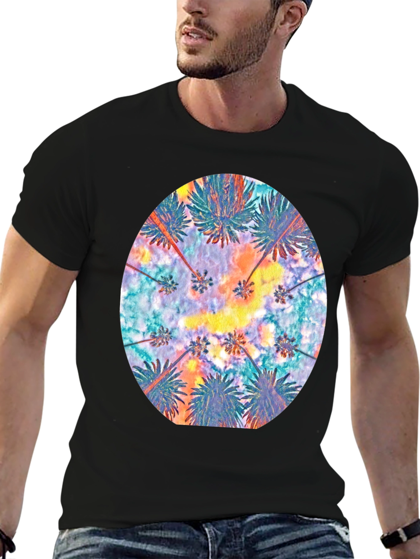 Tropical Palm Tee - Black Cotton Comfort
