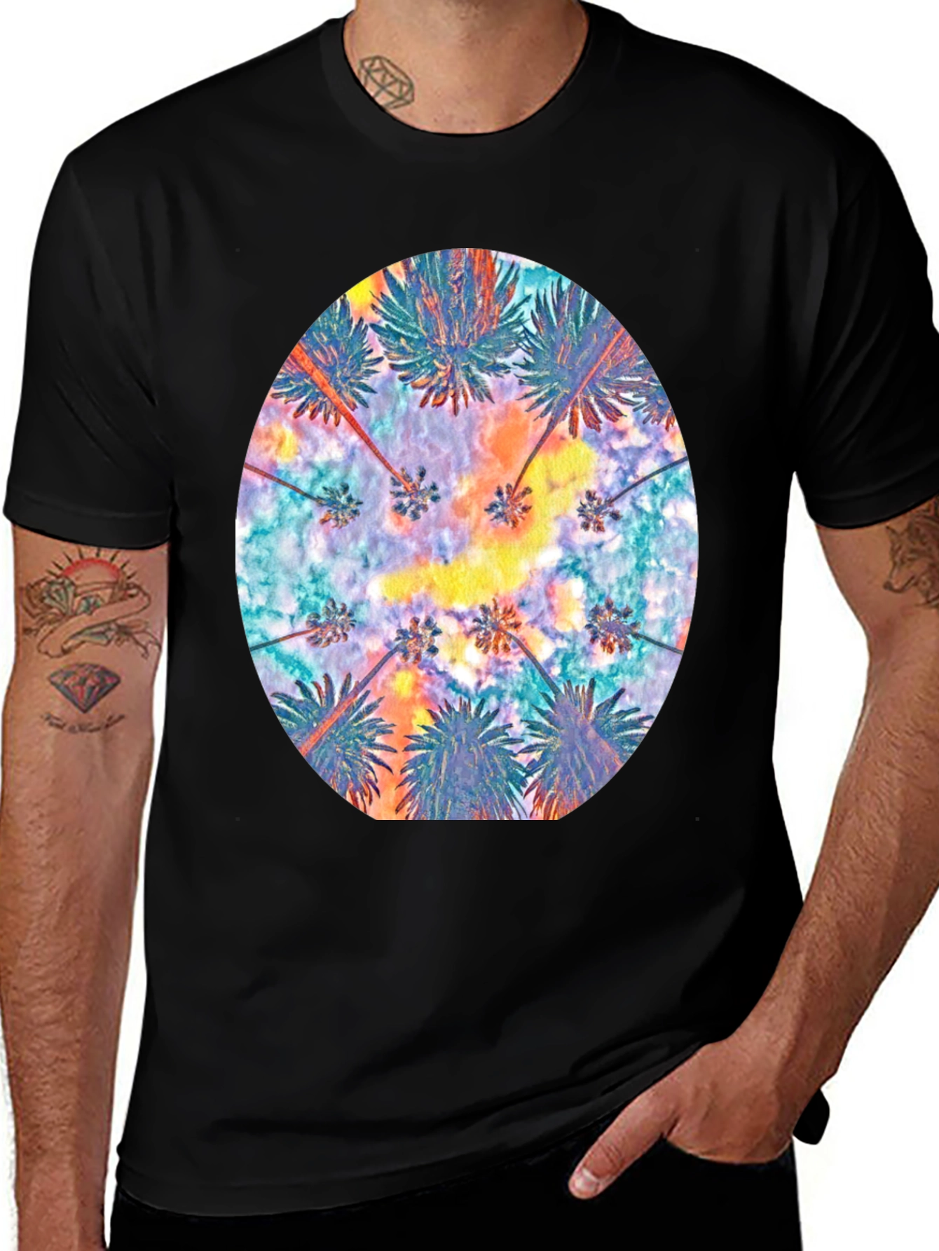 Tropical Palm Tee - Black Cotton Comfort
