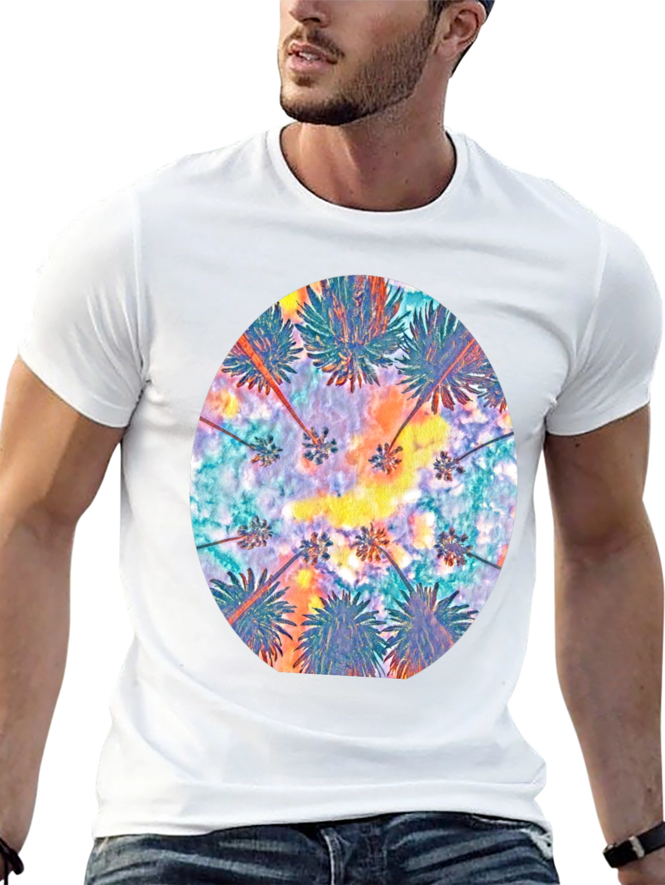 Tropical Palm Tee - Black Cotton Comfort