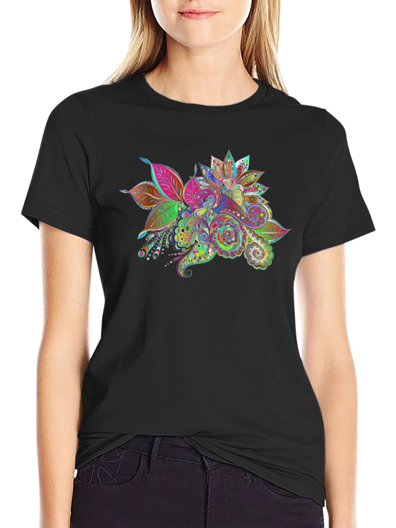 Floral Paisley Print Black T-Shirt