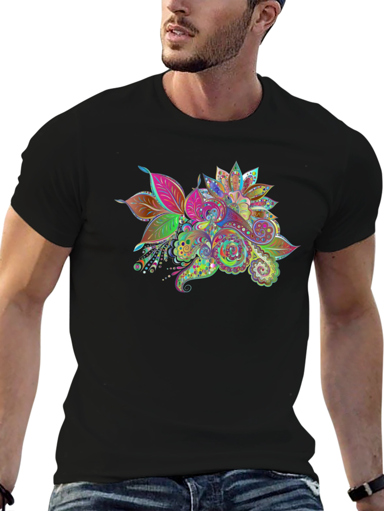 Floral Paisley Print Black T-Shirt