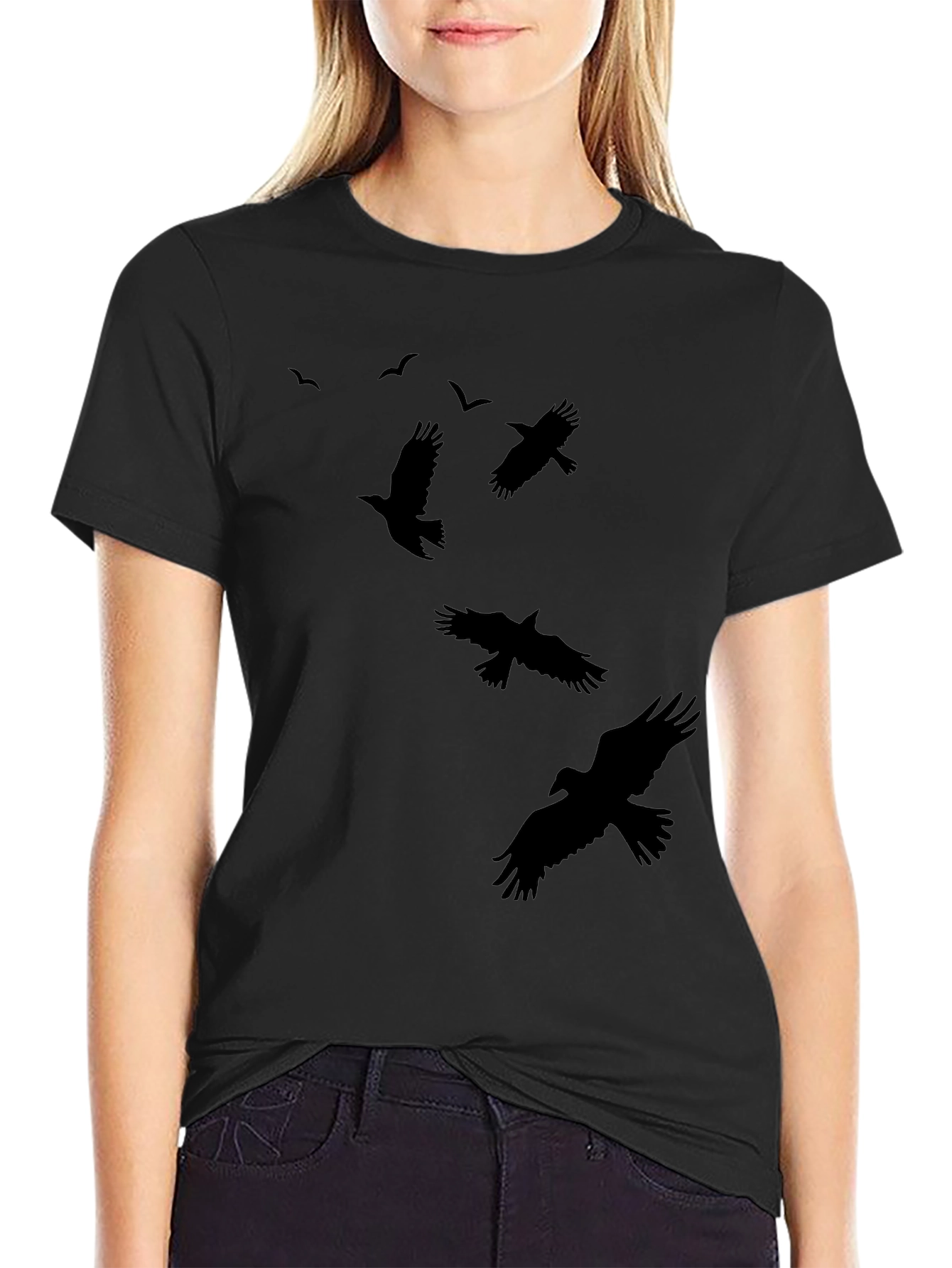 Raven Silhouette Print Black Crew Neck T-Shirt