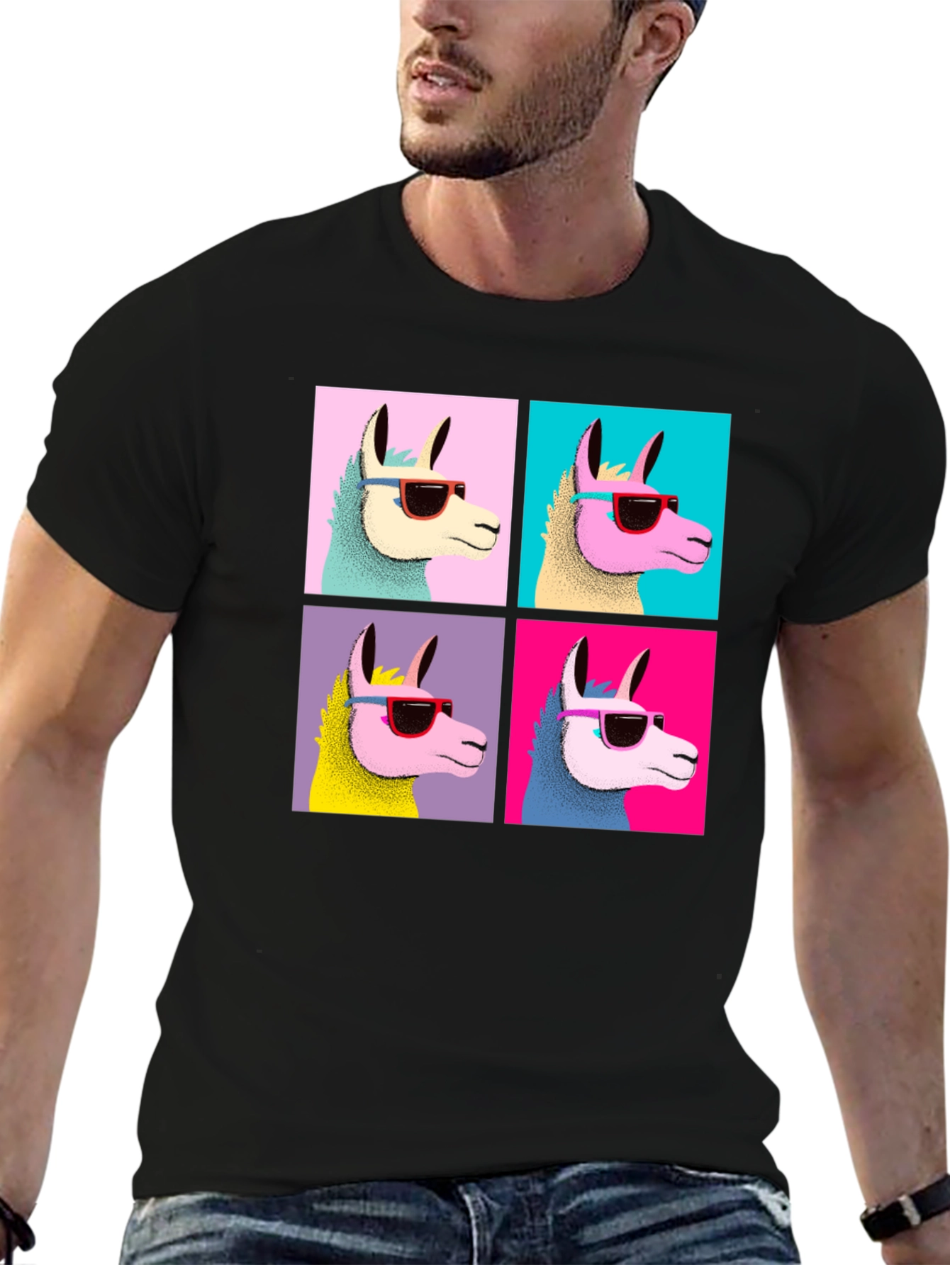 Cool Llama Pop Art Black T-Shirt