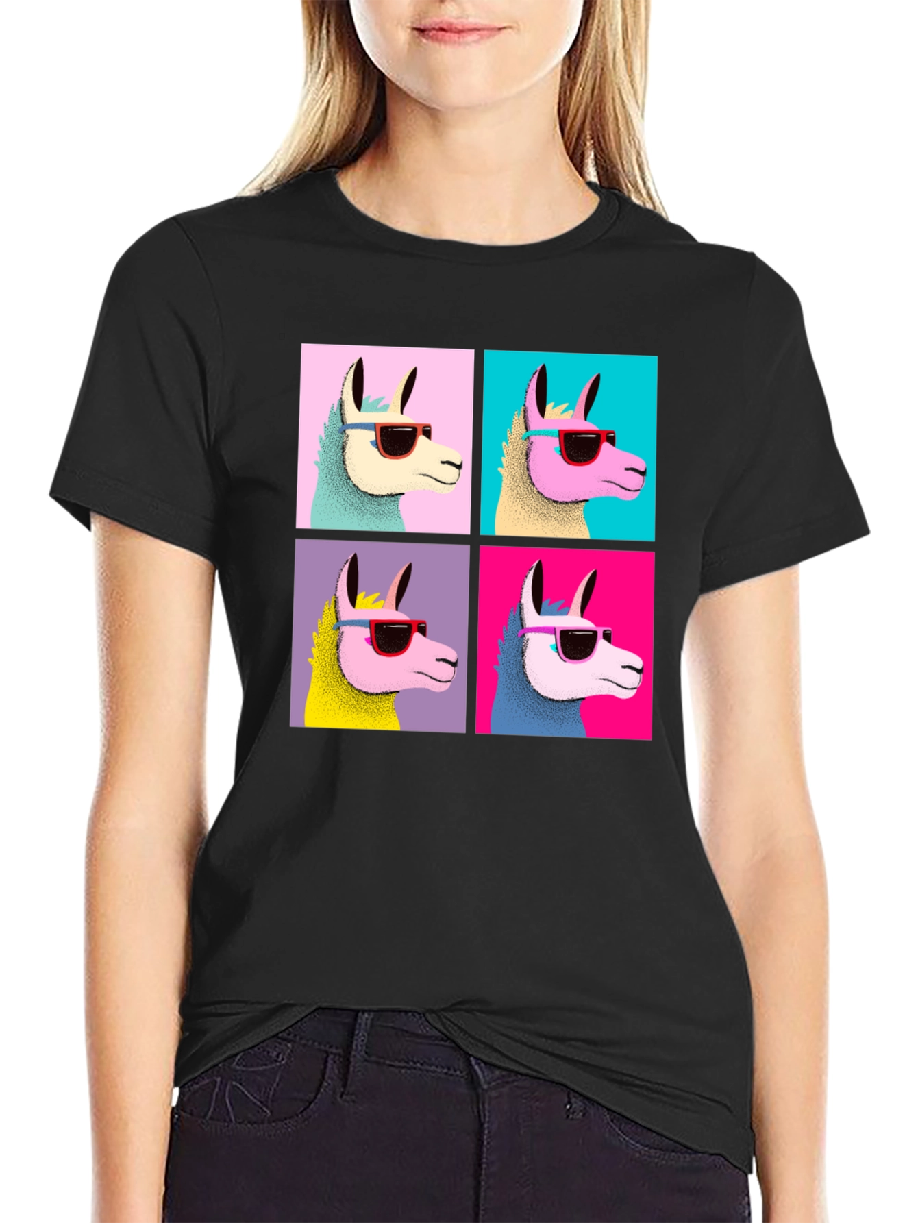 Cool Llama Pop Art Black T-Shirt
