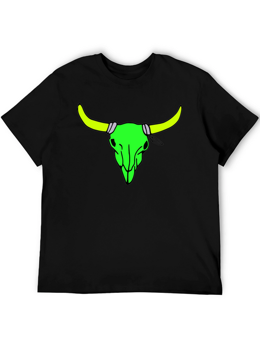 Neon Bull Skull Graphic Tee - Bold Black Cotton Shirt