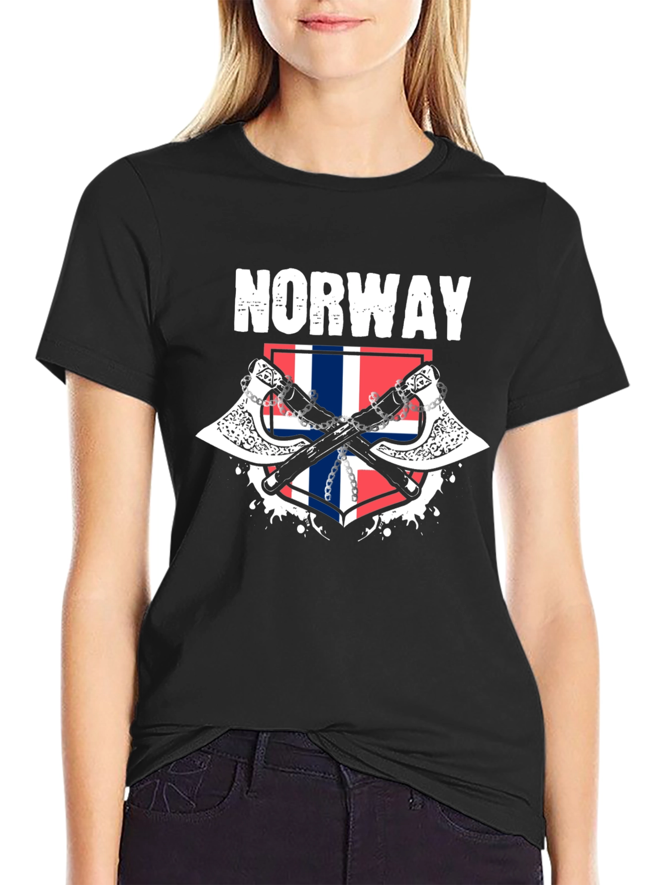 Norway Flag Axe Graphic Black T-Shirt