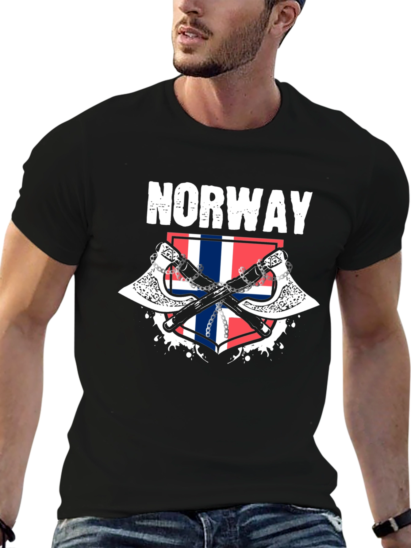 Norway Flag Axe Graphic Black T-Shirt