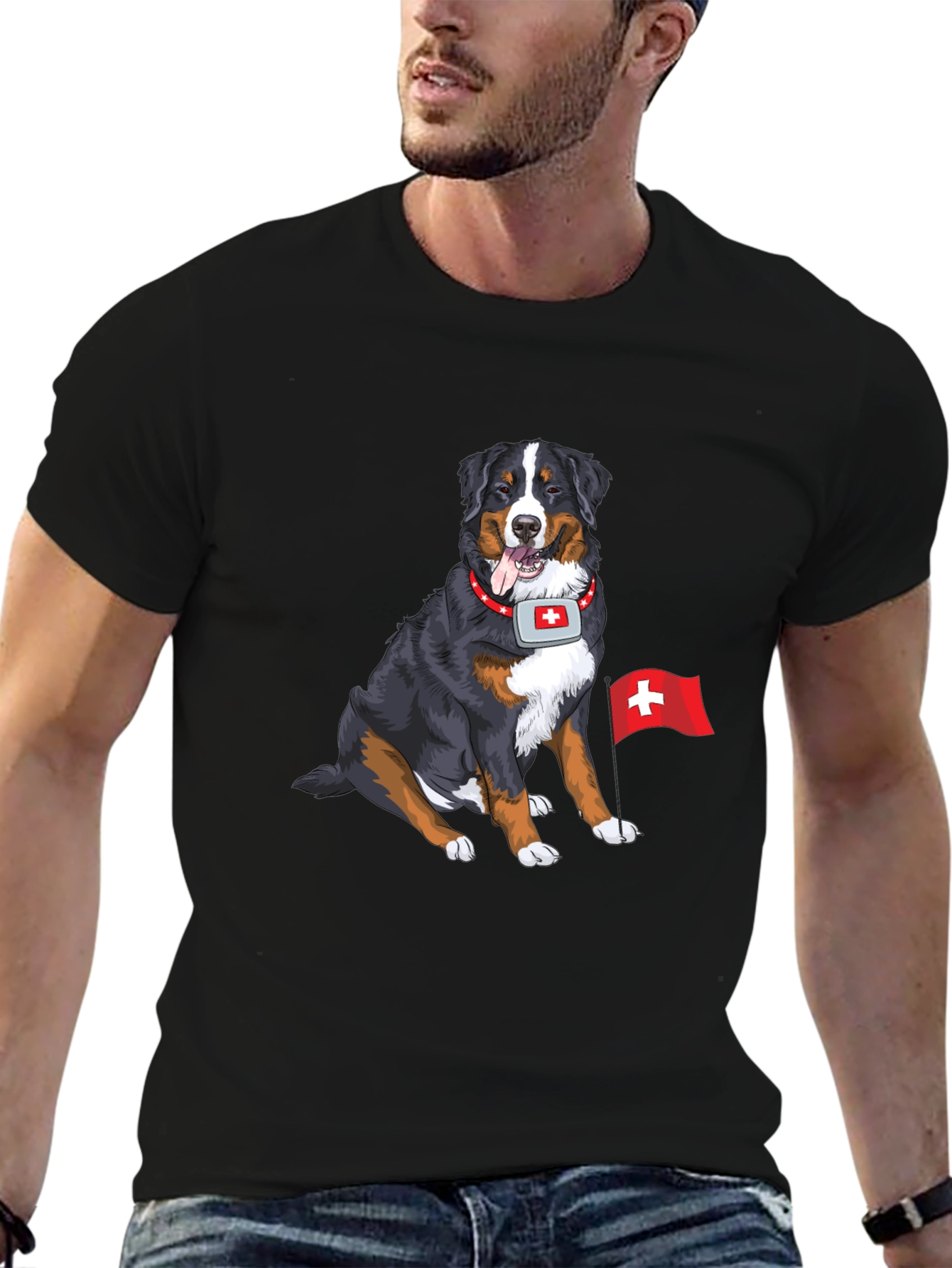 Bernese Mountain Dog Swiss Flag Graphic T-Shirt