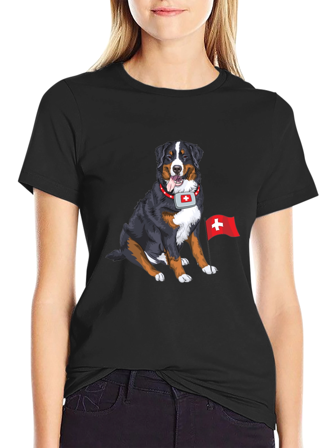Bernese Mountain Dog Swiss Flag Graphic T-Shirt