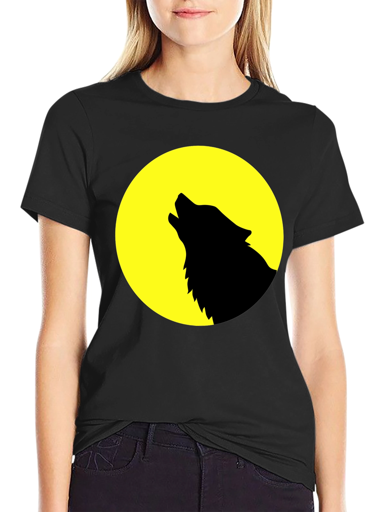 Wolf Howling at Moon Graphic T-Shirt - Black