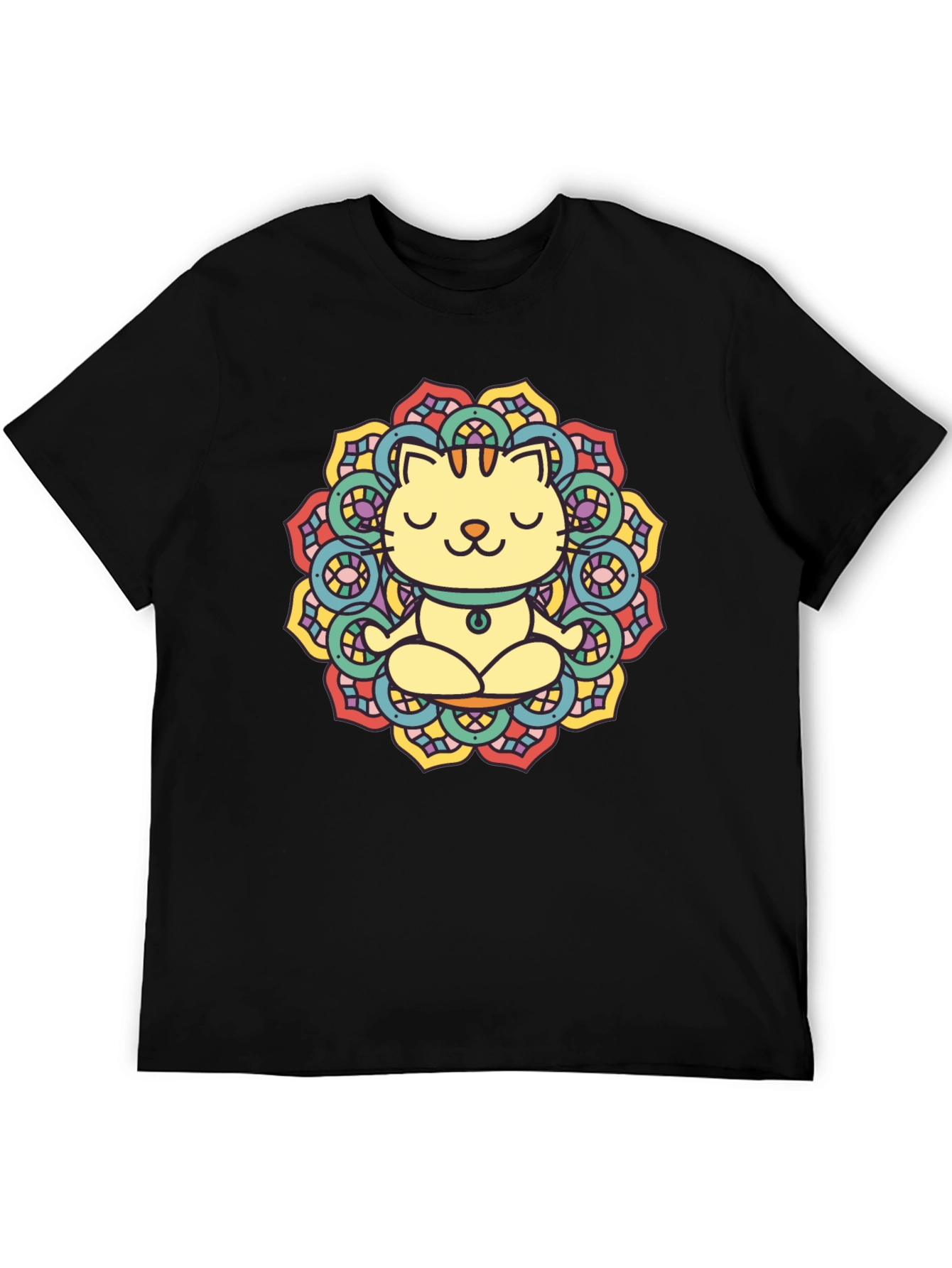 Zen Cat Mandala T-Shirt - Black Cotton Tee
