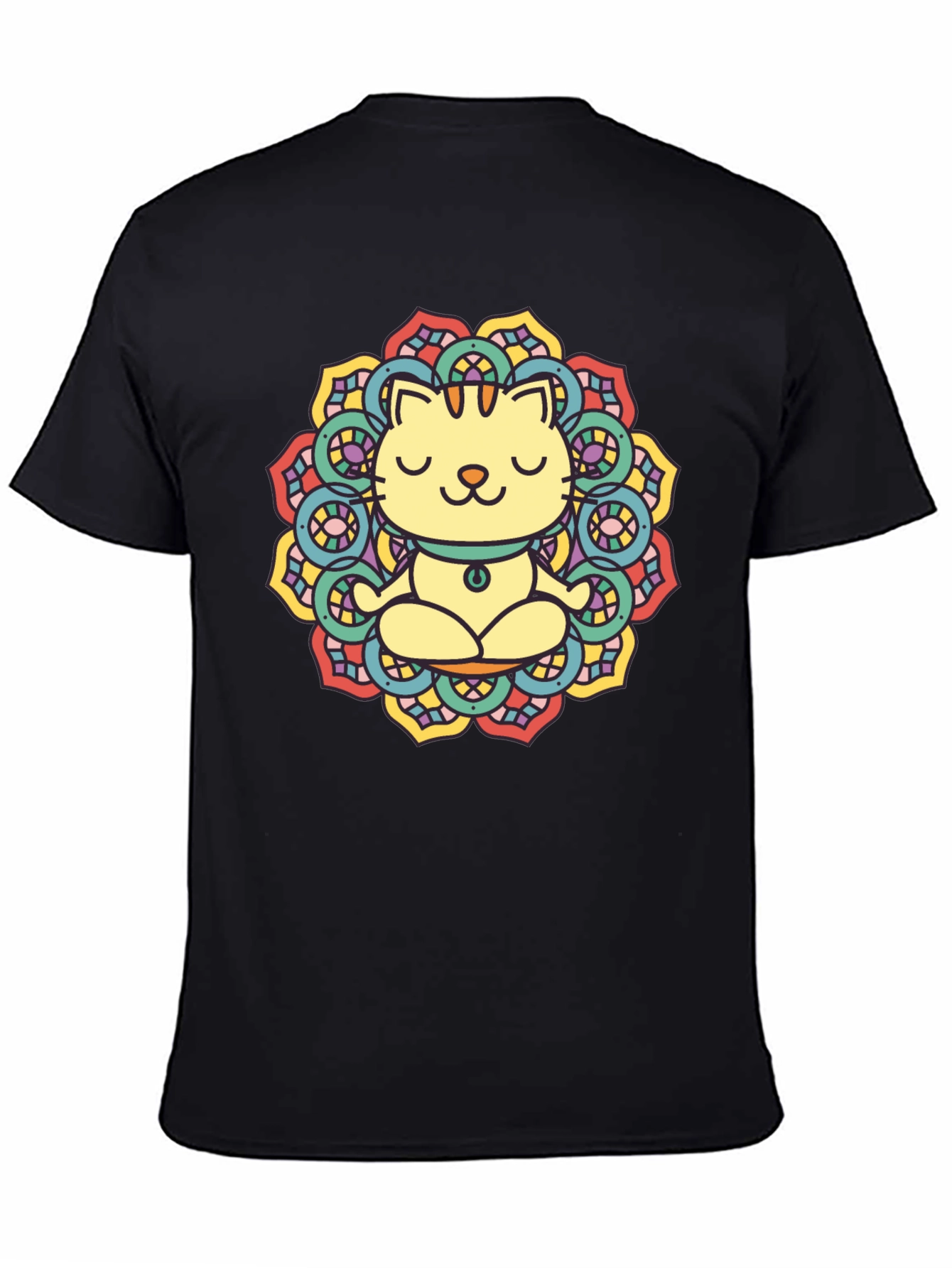 Zen Cat Mandala T-Shirt - Black Cotton Tee