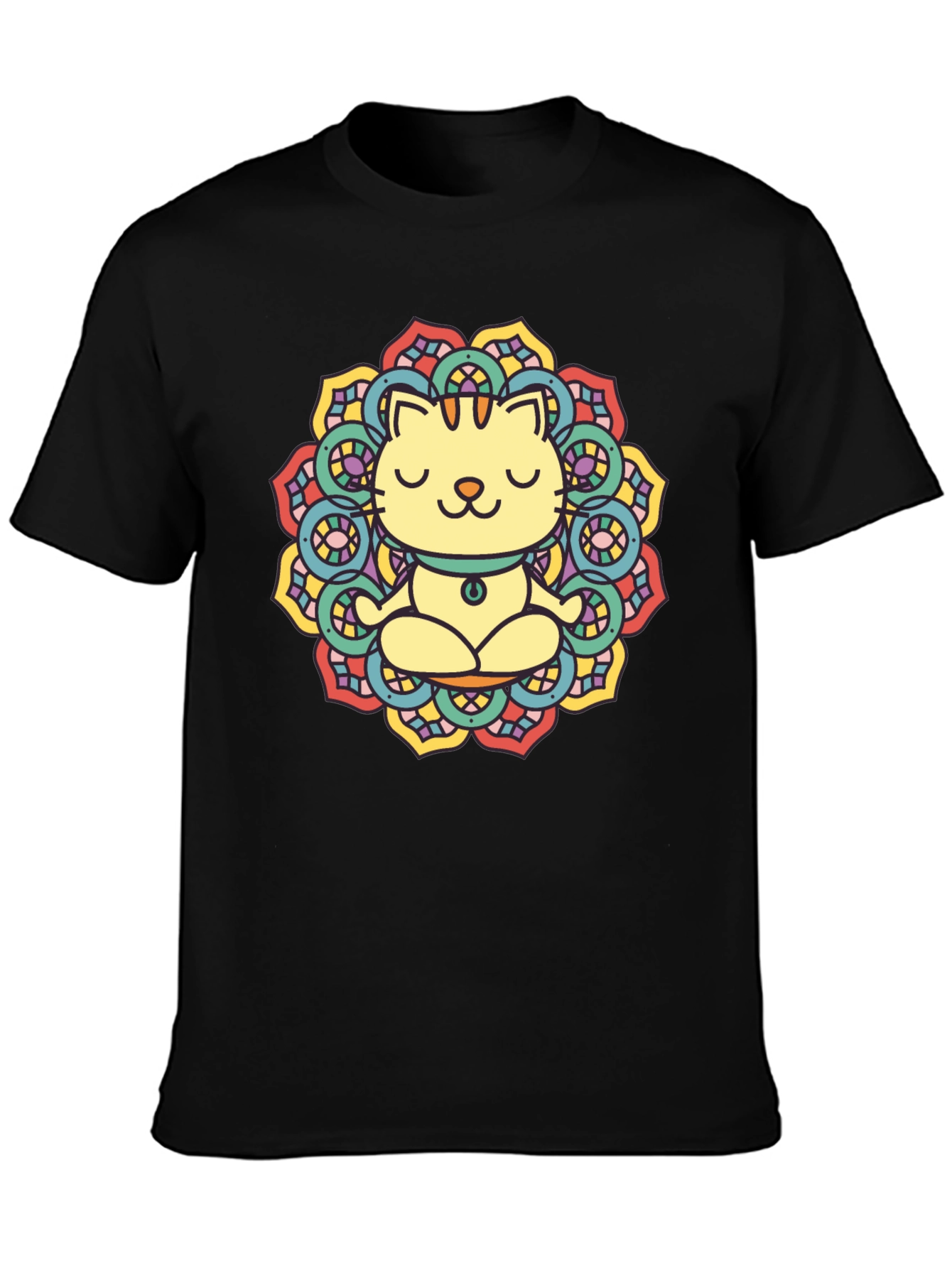 Zen Cat Mandala T-Shirt - Black Cotton Tee