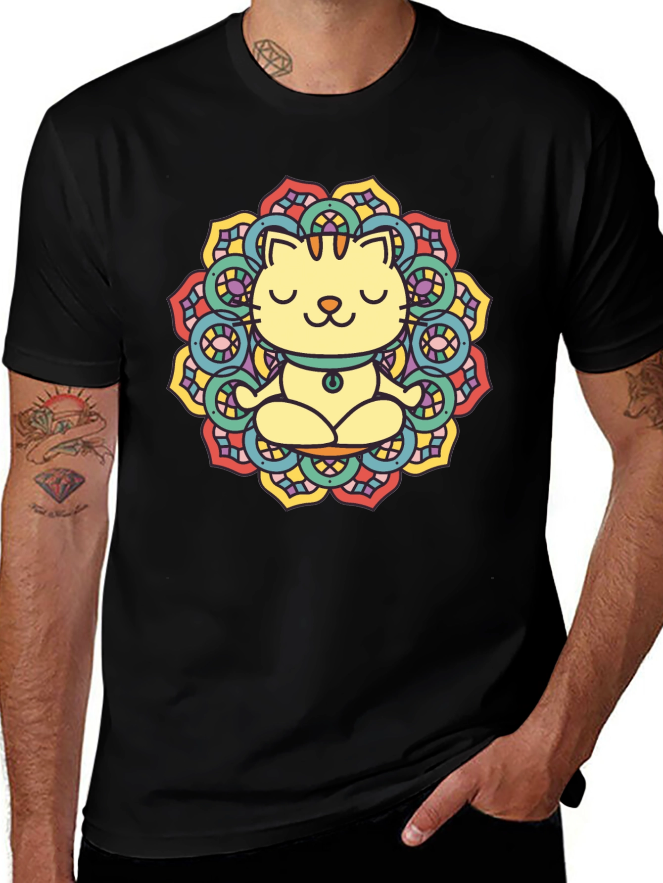 Zen Cat Mandala T-Shirt - Black Cotton Tee