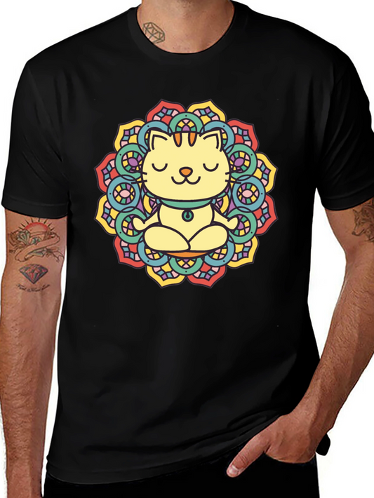 Zen Cat Mandala T-Shirt - Black Cotton Tee