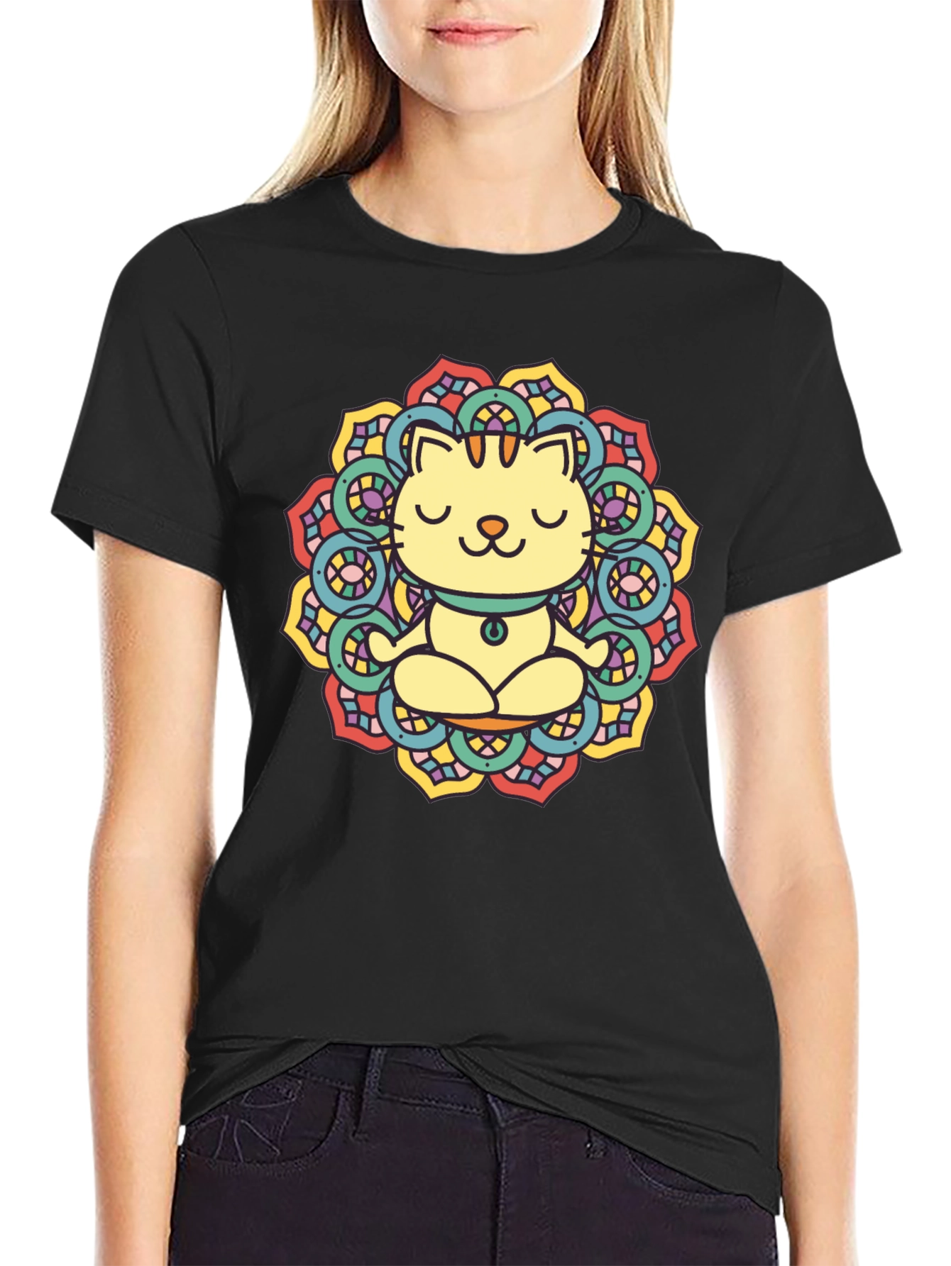 Zen Cat Mandala T-Shirt - Black Cotton Tee