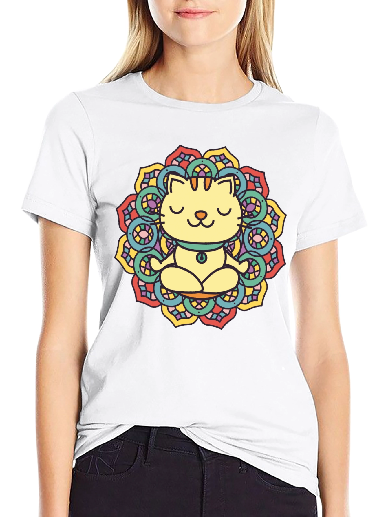 Zen Cat Mandala T-Shirt - Black Cotton Tee