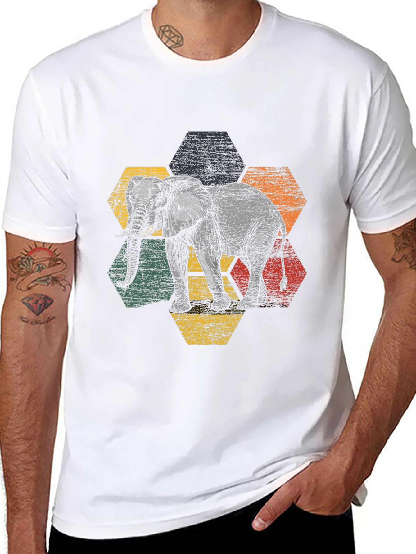 Elephant Hexagon Graphic Tee - Modern Mens T-Shirt