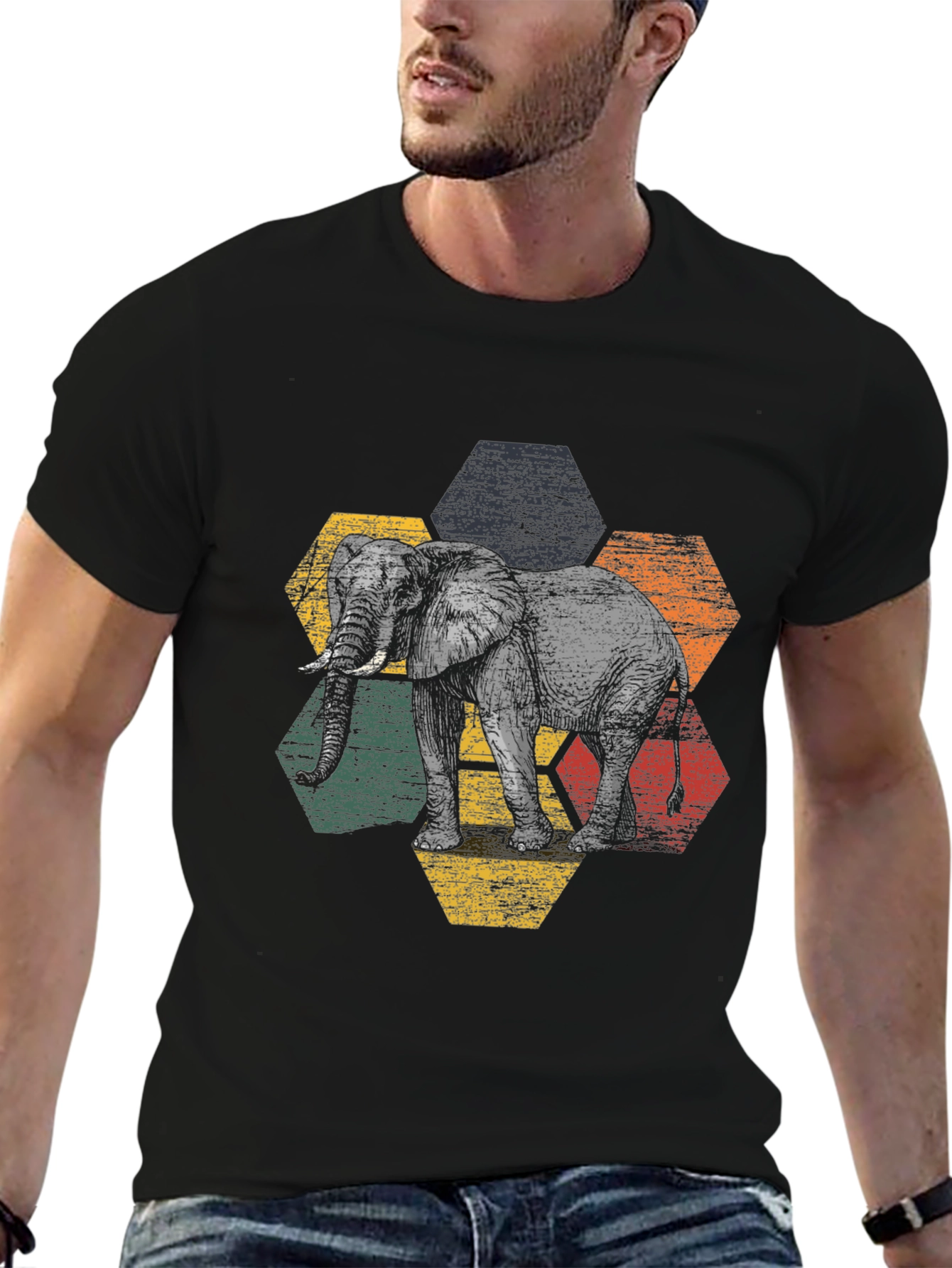 Elephant Hexagon Graphic Tee - Modern Mens T-Shirt