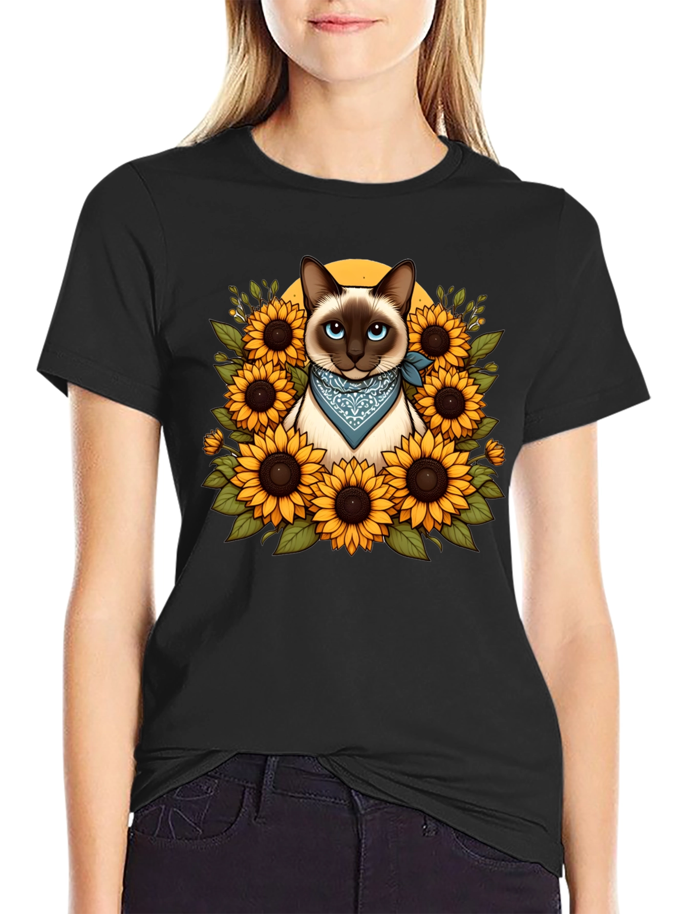 Siamese Cat Sunflower Graphic T-Shirt