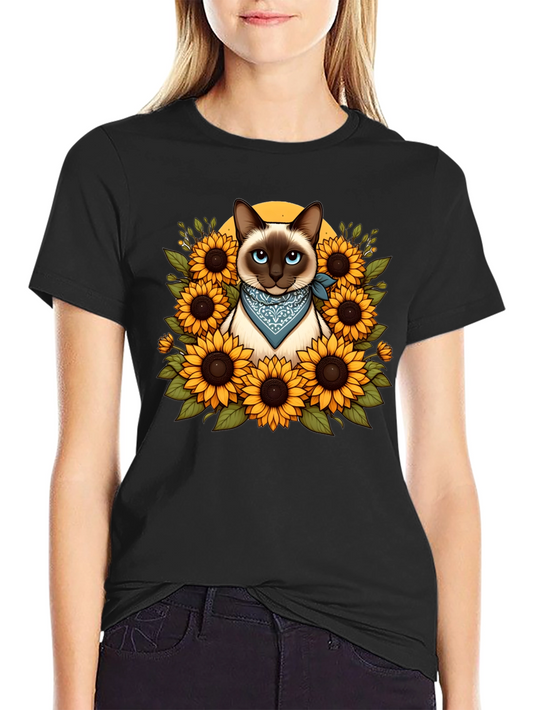 Siamese Cat Sunflower Graphic T-Shirt