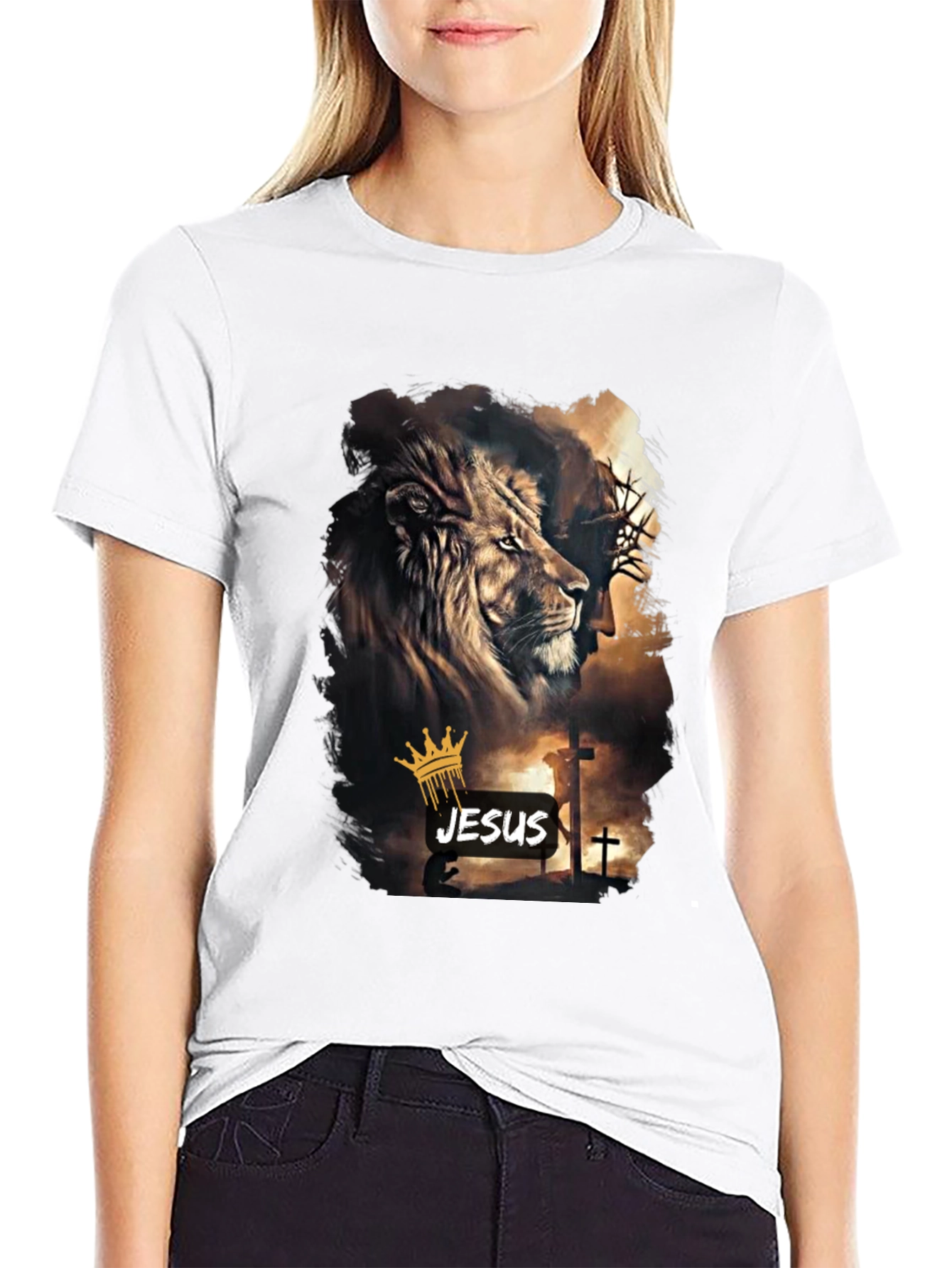 Lion and Jesus Graphic Black T-Shirt