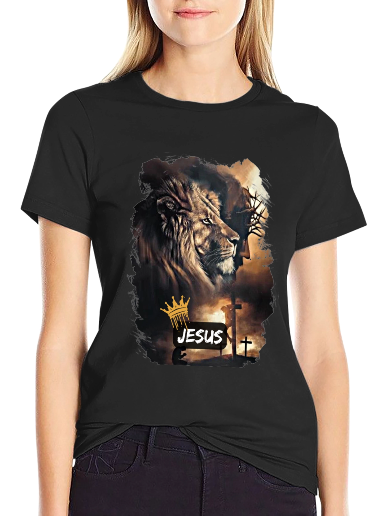 Lion and Jesus Graphic Black T-Shirt