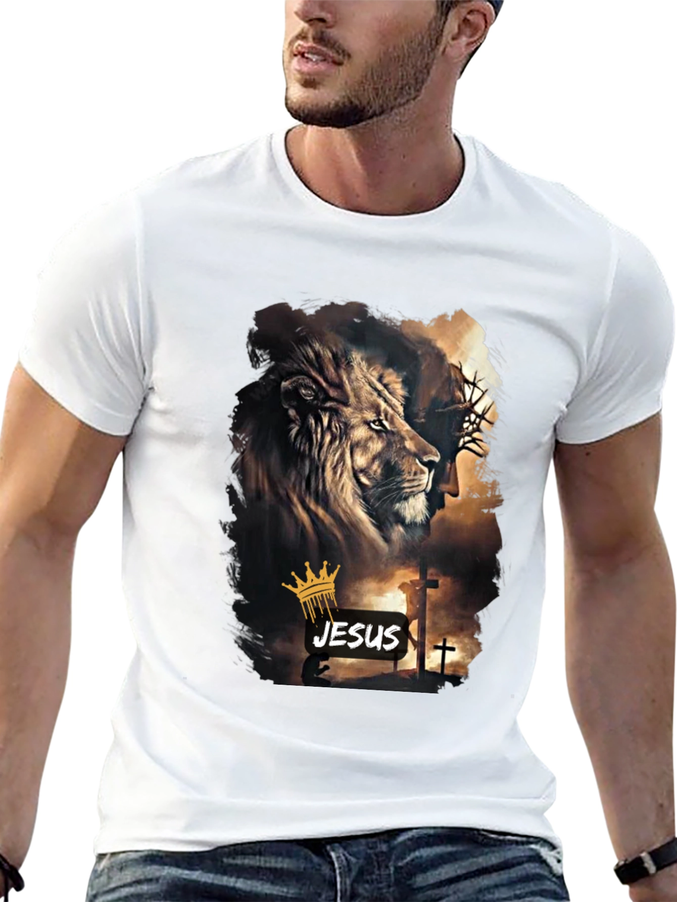 Lion and Jesus Graphic Black T-Shirt