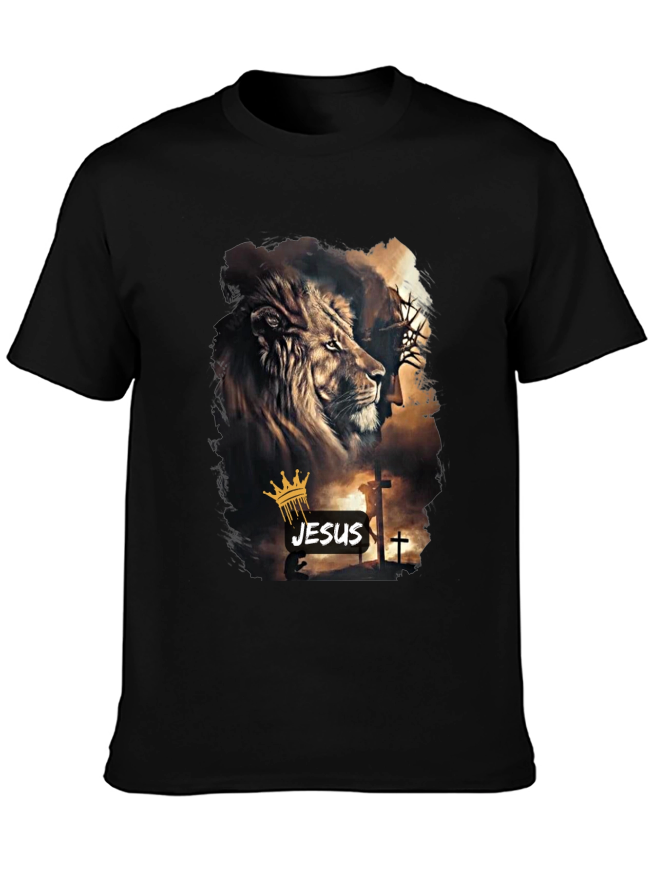 Lion and Jesus Graphic Black T-Shirt