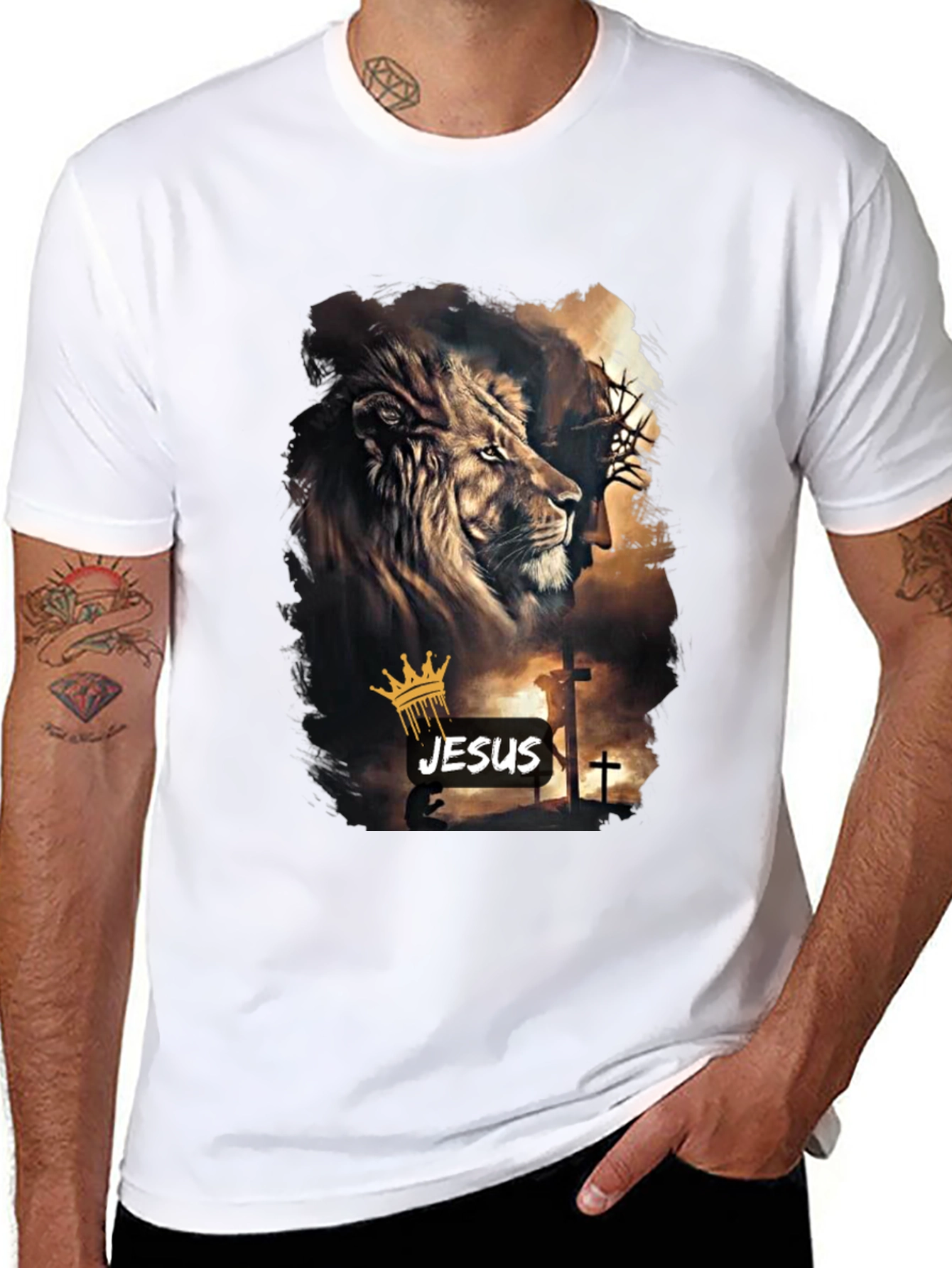 Lion and Jesus Graphic Black T-Shirt