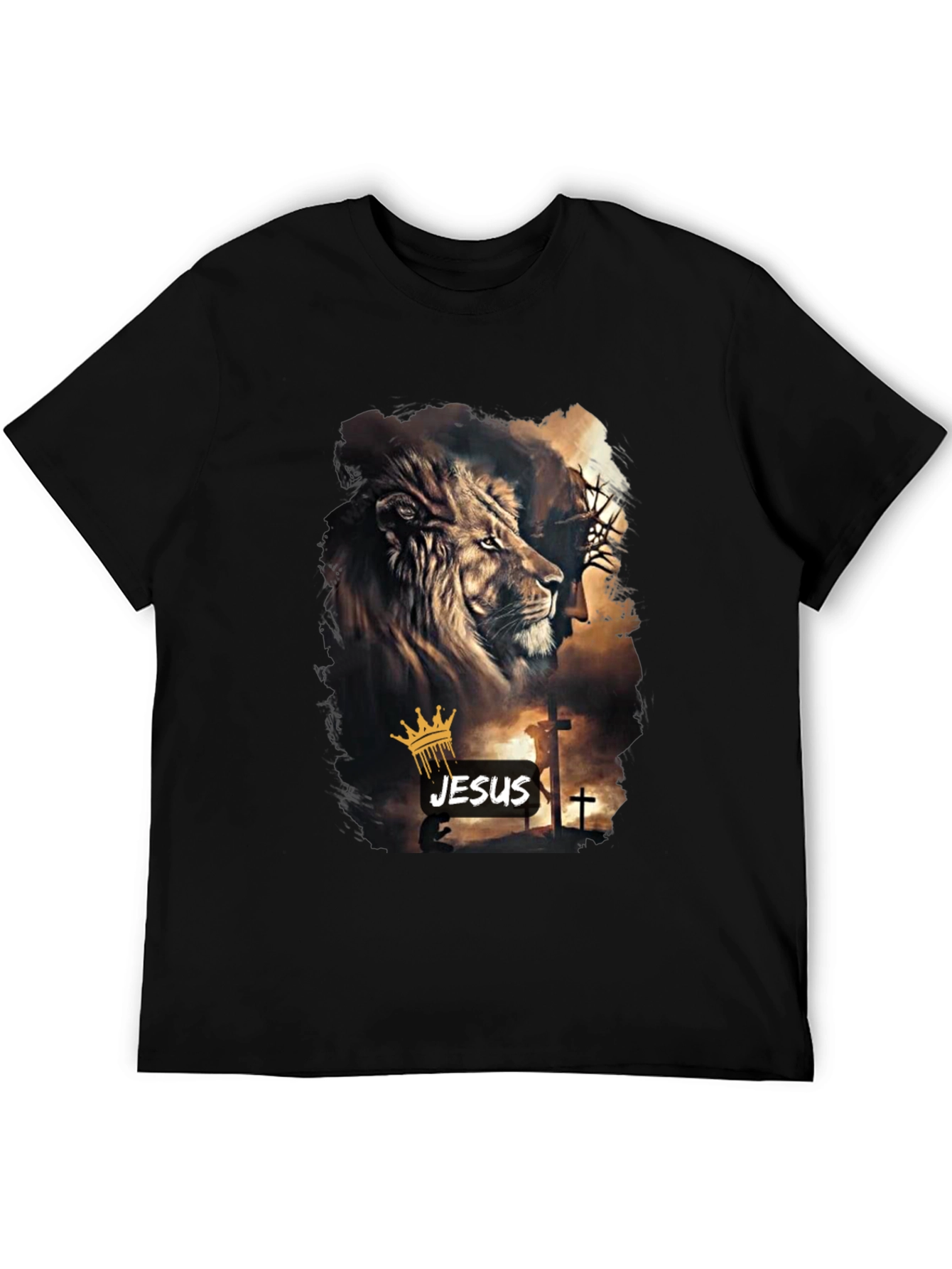 Lion and Jesus Graphic Black T-Shirt