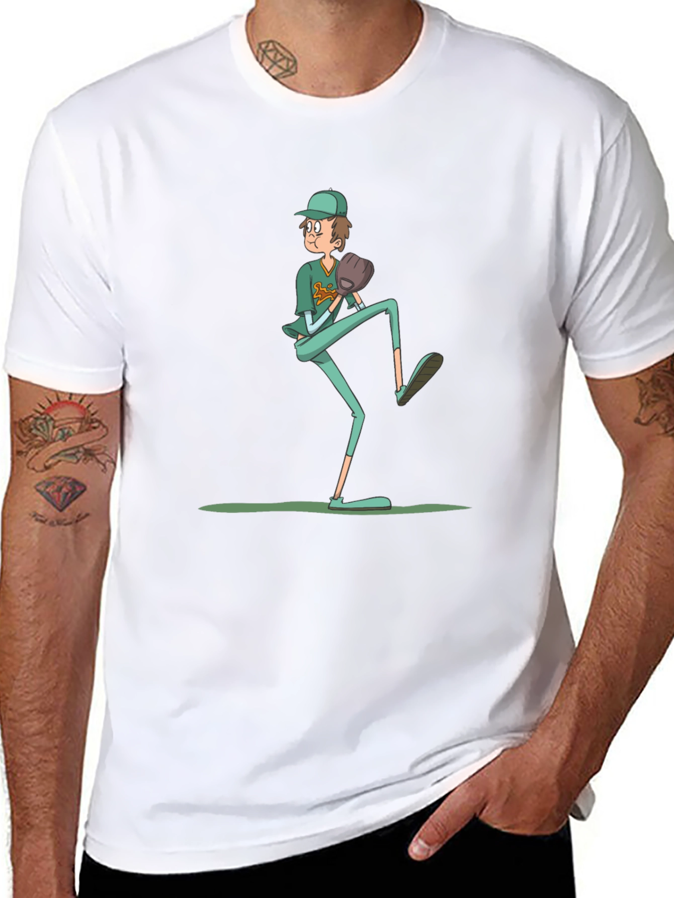 Baseball Pitcher Graphic Tee - Funny Cartoon Print