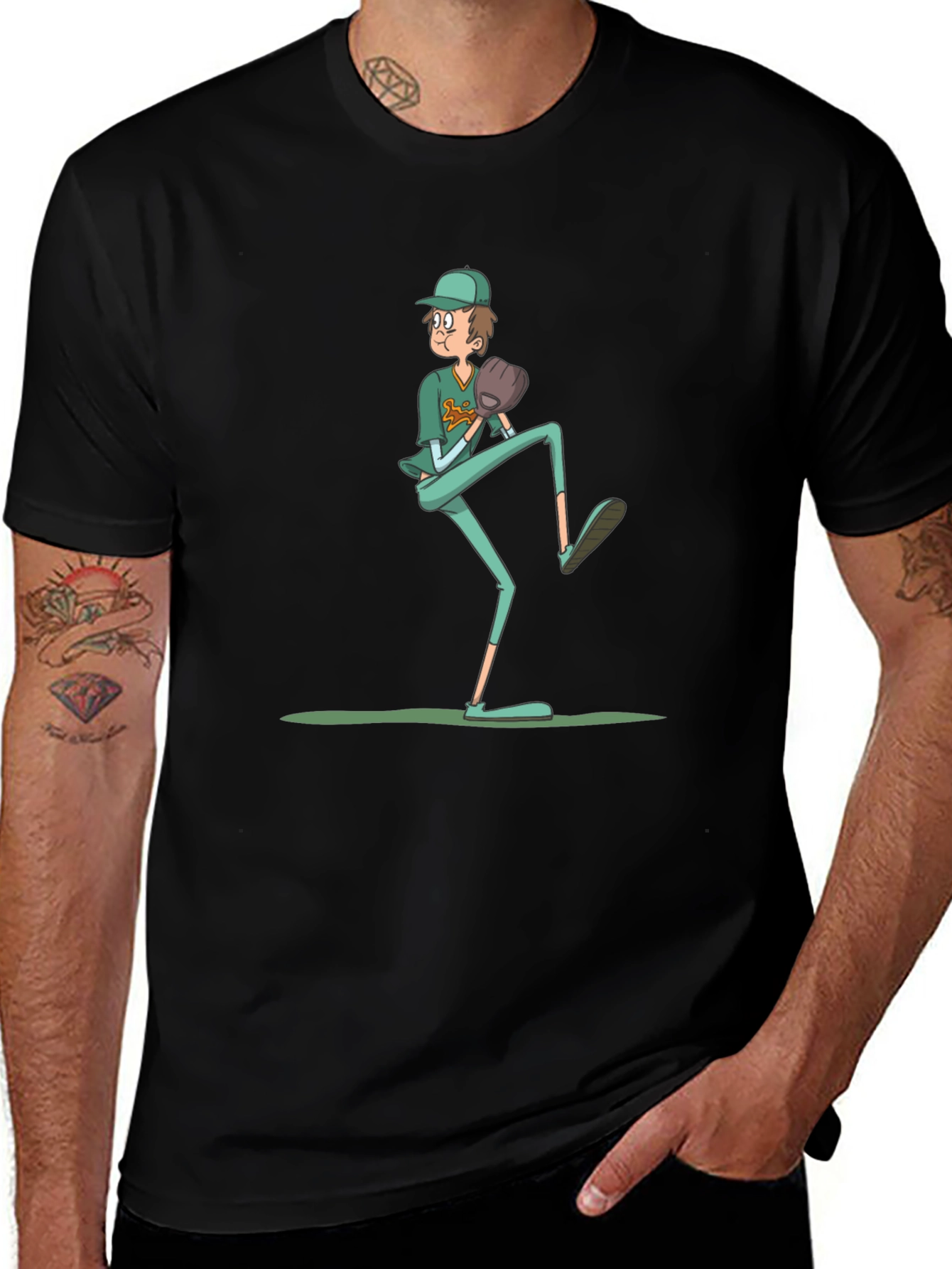 Baseball Pitcher Graphic Tee - Funny Cartoon Print