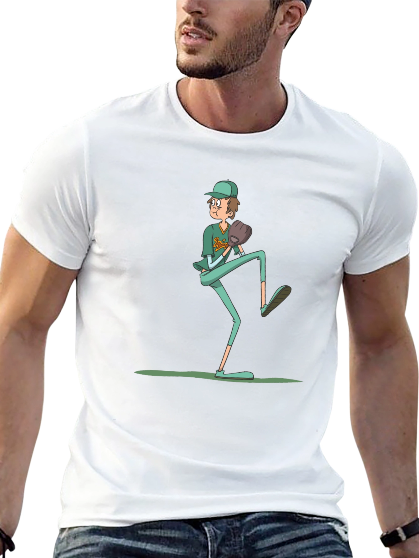 Baseball Pitcher Graphic Tee - Funny Cartoon Print