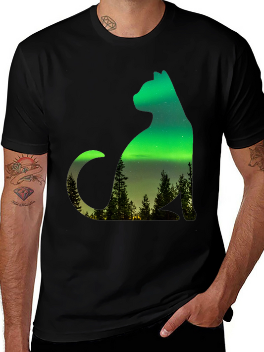 Aurora Cat Graphic Tee - Unique Northern Lights Design
