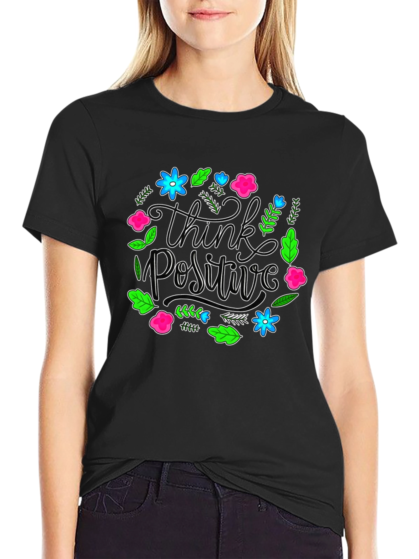 Think Positive Floral Graphic Black T-Shirt