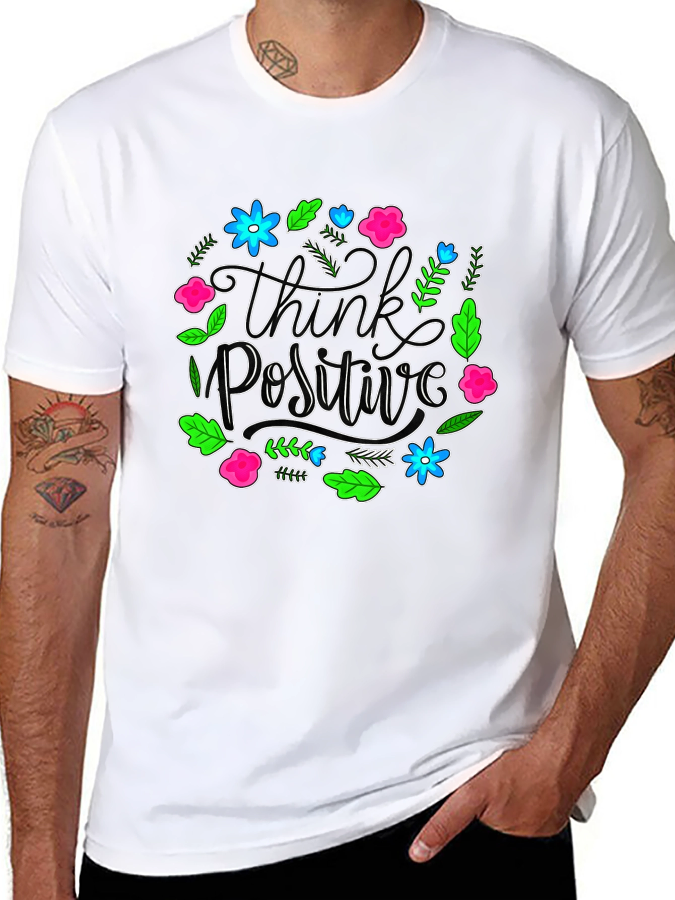 Think Positive Floral Graphic Black T-Shirt