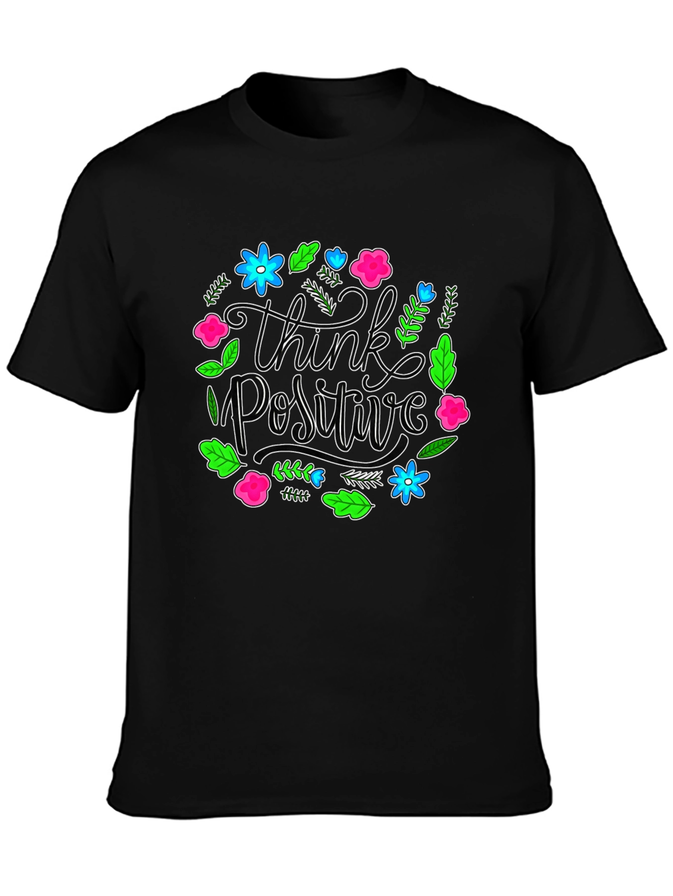Think Positive Floral Graphic Black T-Shirt