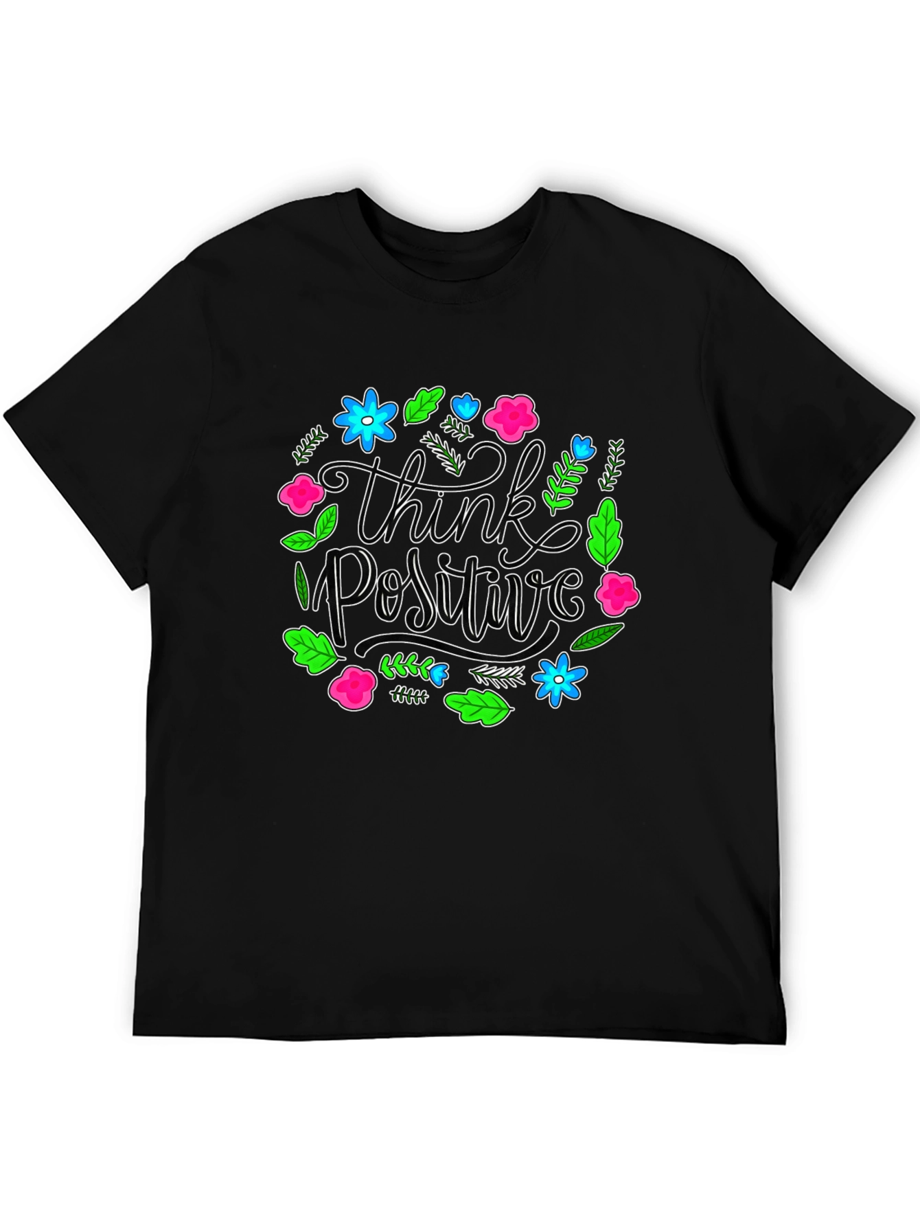 Think Positive Floral Graphic Black T-Shirt