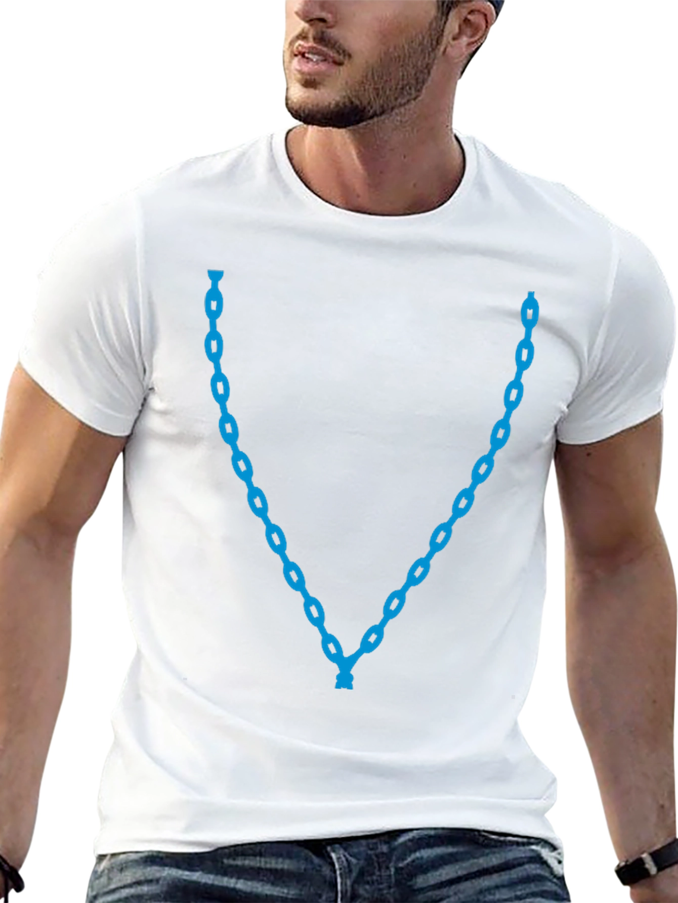 Mens Black T-Shirt with Blue Chain Necklace Design