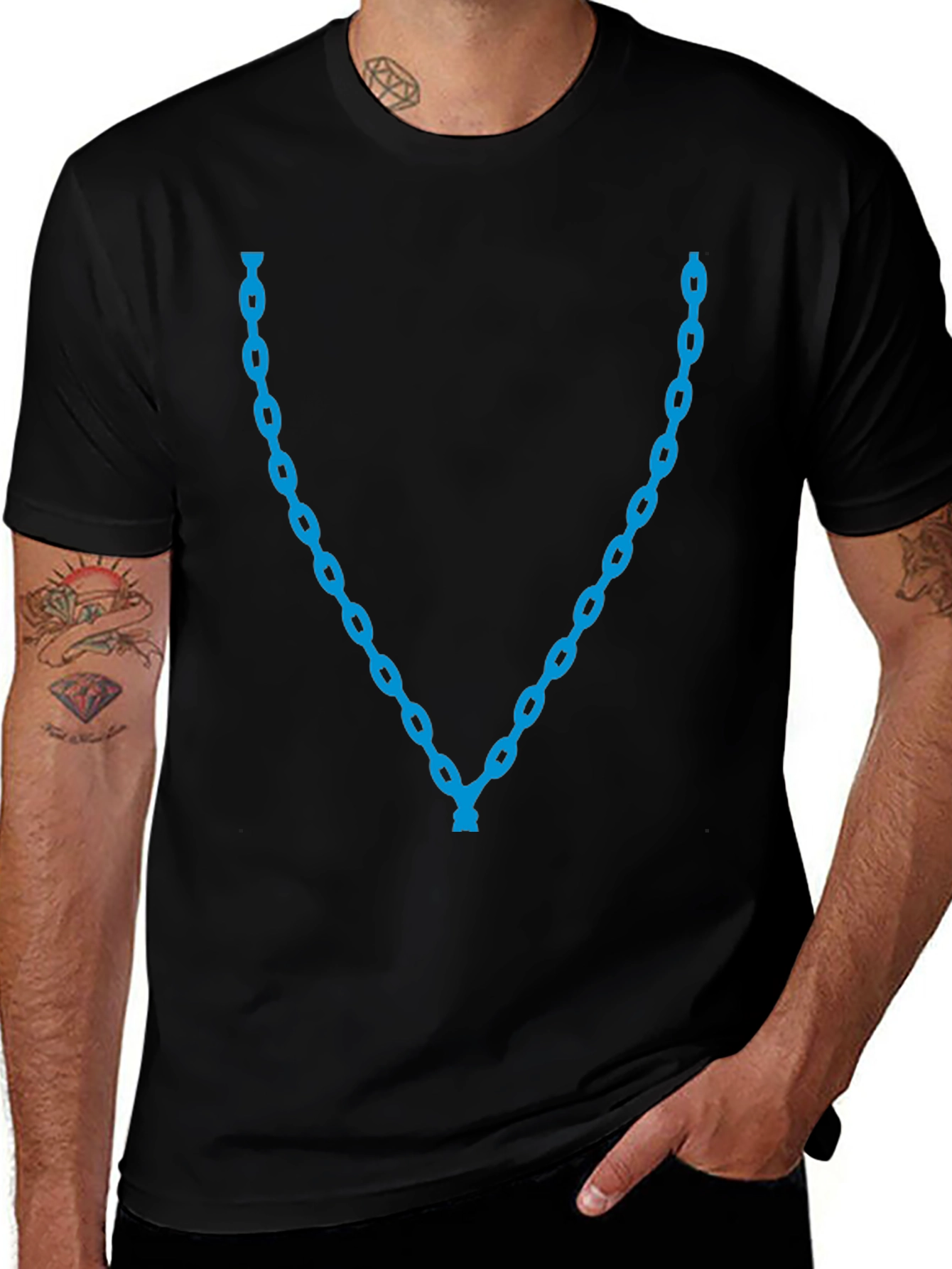 Mens Black T-Shirt with Blue Chain Necklace Design